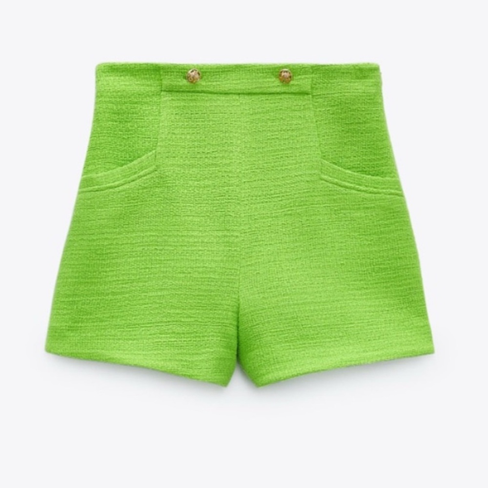 Zara Neon Green Textured High-Waist Shorts